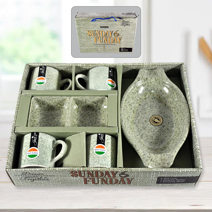 8240 Sunday Funday Ceramic Tea  Cups  Mug With Plastic Snacks Platter And 2 Compartment Chutney Bowl Milk Cup Coffee Cup Breakfast Cup Drinking Mug Or Outdoor For Household Gift For Birthday Wedding Party (6 Pcs Set) - Trendex