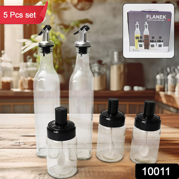 10011 Transparent Glassoil Dispenser 500 Ml Bottle Set Of 2 Spice Jar 250 Ml Set Of 3 Oil Bottle For Kitchen Oil  Vinegar Storage Glass Bottle Glass Container For Spice Masala (5 Pcs Set) - Trendex