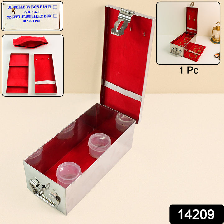 Premium Stainless Steel Velvet Lined Jewellery Storage Box With Lock And Red Interior - Trendex