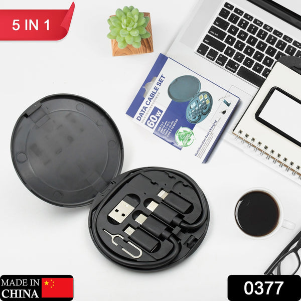 0377 Mini Multi-functional Fast Charging Data Cable Set For Apple Android Type C Charging With Retrieve Card Pinround Storage Boxcompact And Portable Usb Data Cable Storage Box Travel Cable Set (5in1) - Trendex