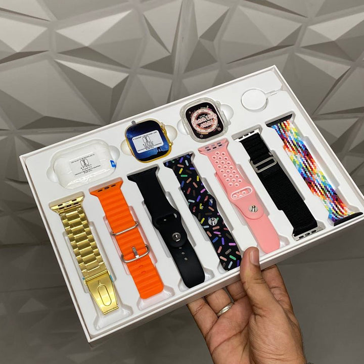 10 In1 Set Ultra Smart Bluetooth Calling Smartwatch + Earphones With Transparent Screen Guard Watch With Seven Classic Straps (Mix Color) - Trendex