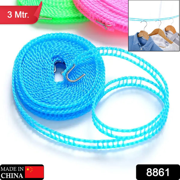 8861 3 Meters Windprood Anti-slip Clothes Washing Line Drying Nylon Rope With Hooks Durable Camping Clothesline Portable Clothes Drying Line Indoor Outdoor Laundry Storage For Travel Home Use (3 Mtr.) - Trendex