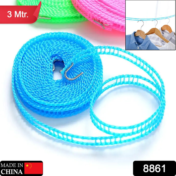 8861 3 Meters Windprood Anti-slip Clothes Washing Line Drying Nylon Rope With Hooks Durable Camping Clothesline Portable Clothes Drying Line Indoor Outdoor Laundry Storage For Travel Home Use (3 Mtr.) - Trendex