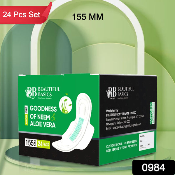 0984 Sanitary Pads For Women With Goodness Of Neem  Aloe Vera  Ultra Thin  Leakage Protection  Ph Balance  With Antibacterial Anion Chip  (155 Mm  24 Pads) - Trendex
