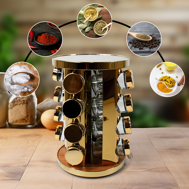 10009 Led Spice Rack Organizer Rotating Spice Rack With Free 16 Seasoning Jars Revolving Tower Organizer Stainless Steel For Kitchen Storage (Golden  16 Pc  Moq - 6 Pc) - Trendex