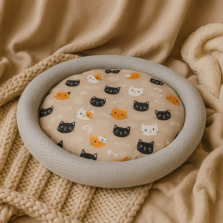 Round Soft Plush Cat Bed With Cartoon Cat Print Cushion  1 Pc - Trendex