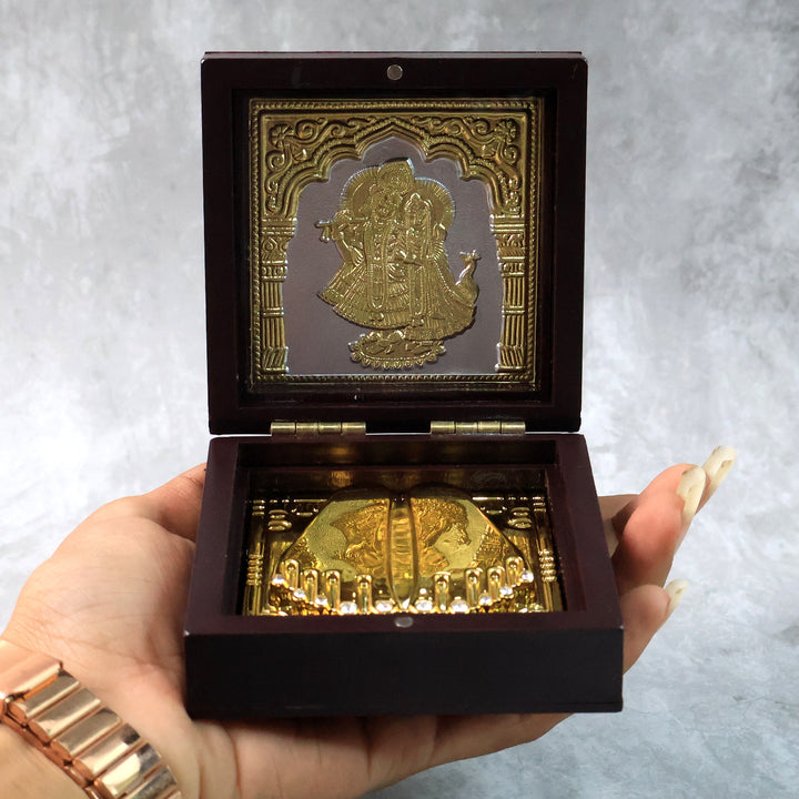 Golden Charan Paduka In Wooden Box  Spiritual Gift  Pooja Accessory - Trendex
