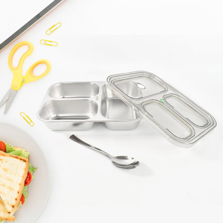 3 Compartment Transparent Stainless Steel Lunch Box For Kids - Trendex