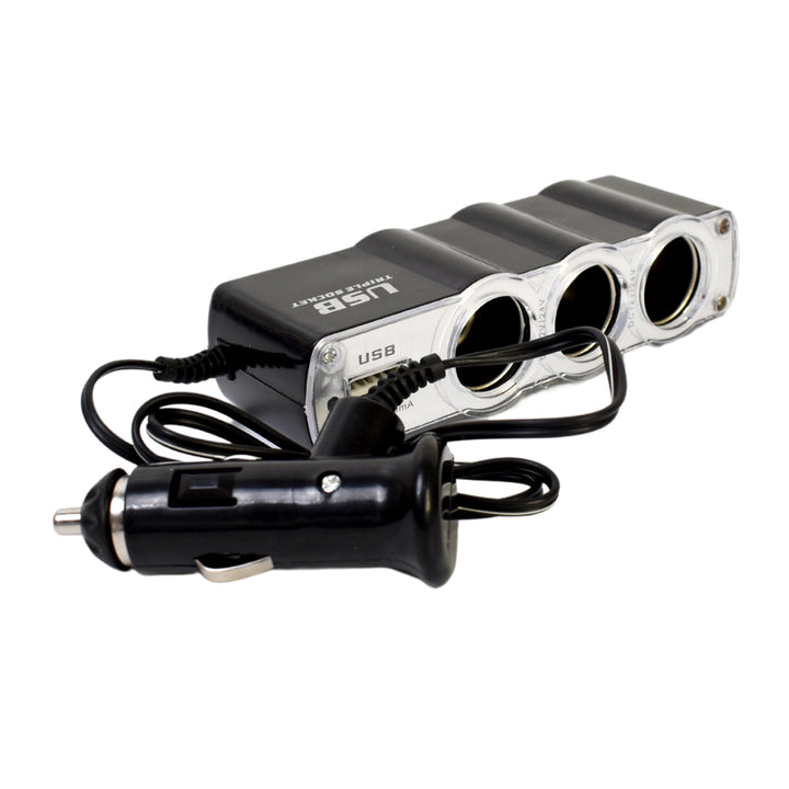 Triple 3 Way Car 12v Lighter Socket Splitter Usb Charger Power Adapter - Trendex