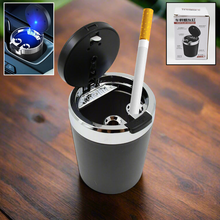 Portable Car Ashtray With Lid And Blue Led Light (1 Pc) - Trendex
