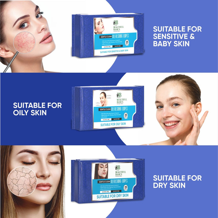 Beautiful Basics Dry Oily Sensitive  Normal Skin Face Wipes (4 Pkts X 100 Pcs Wipes) - Trendex