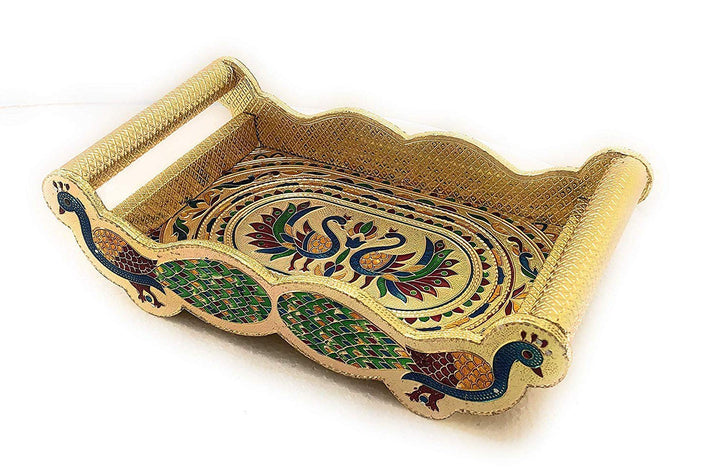 2125 Peacock Design Glass With Handle And Handicraft Serving Tray Set - Trendex