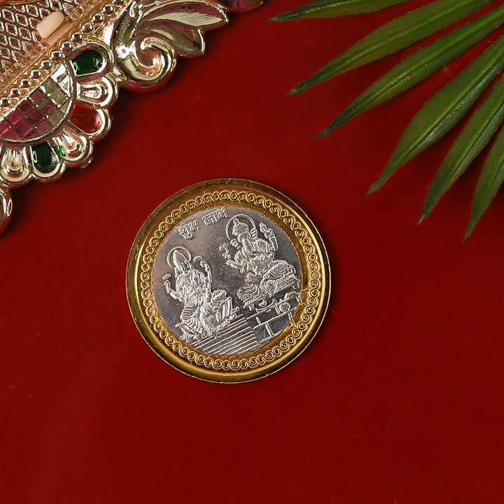 Premium Gold  Silver Dual-tone Religious Coin With Lakshmi Ganesh Design - Trendex