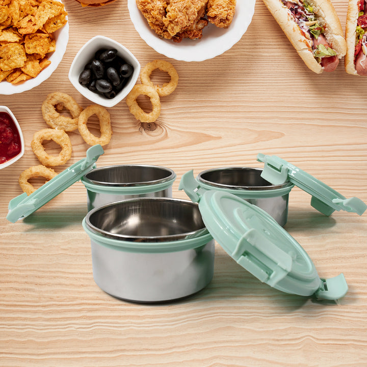 8717 4in1tiffin Box-lunch Box  3 Stainless Steel Containers 300 Ml Approx  Plastic Salad Container 200 Ml Approx Plastic Lid Box  Round Zip Bag  Leak Proof  Microwave Safefor Office College And School For Men Women - Trendex