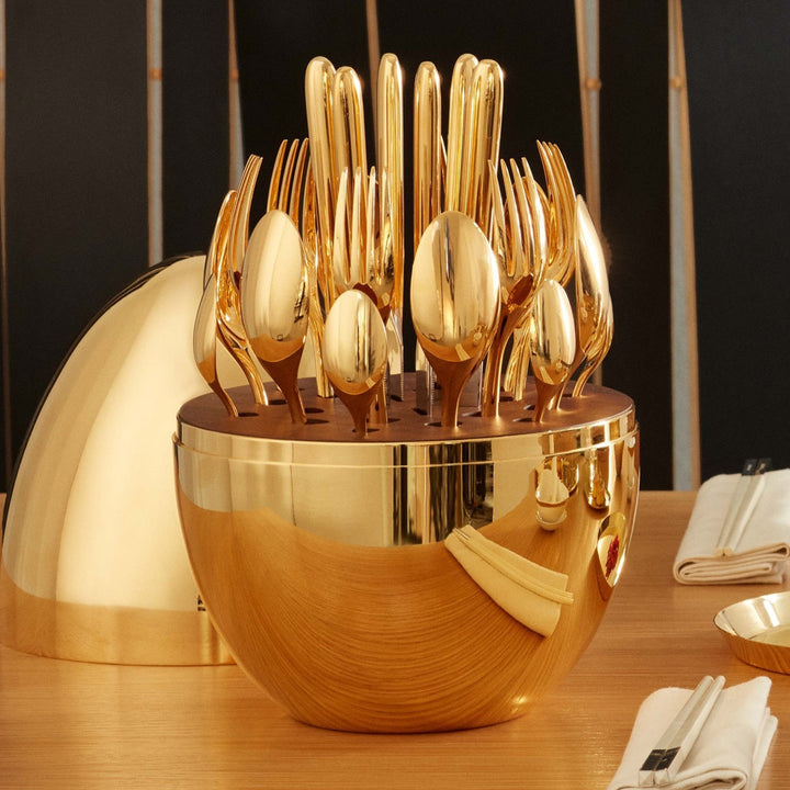 10010 Premium Cutlery Set 24 Pcs With Oval Shaped Stand  Beautiful Stylish Oval Designed Cutlery Sets Egg-shaped Luxury Spoon Holder Set (Golden  24 Pcs Set) - Trendex