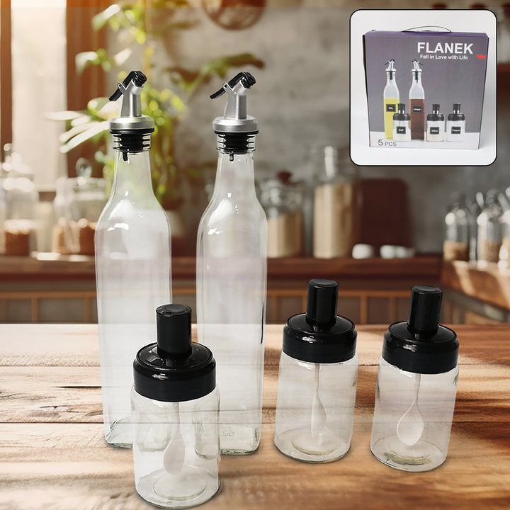 10011 Transparent Glassoil Dispenser 500 Ml Bottle Set Of 2 Spice Jar 250 Ml Set Of 3 Oil Bottle For Kitchen Oil  Vinegar Storage Glass Bottle Glass Container For Spice Masala (5 Pcs Set) - Trendex
