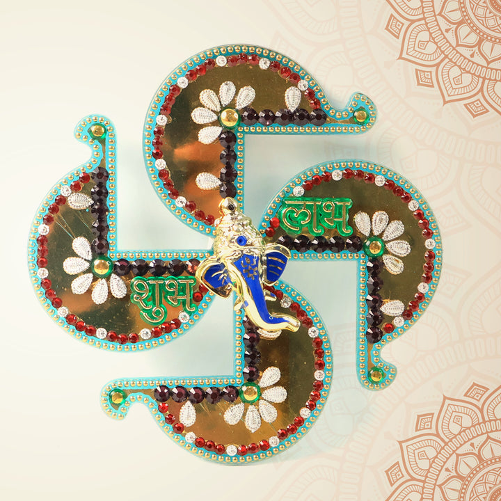 Golden Swastik Shubh Labh Wall Hanging With Ganesh Idol (1 Pc) - Trendex