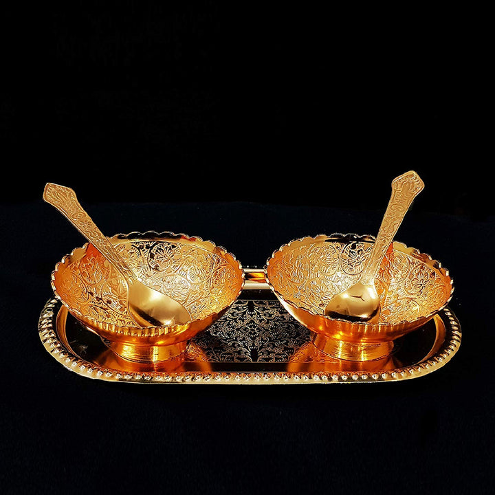 2947 Gold Silver Plated 2 Bowl 2 Spoon Tray Set Brass With Red Velvet Gift Box Serving Dry Fruits Desserts Gift - Trendex
