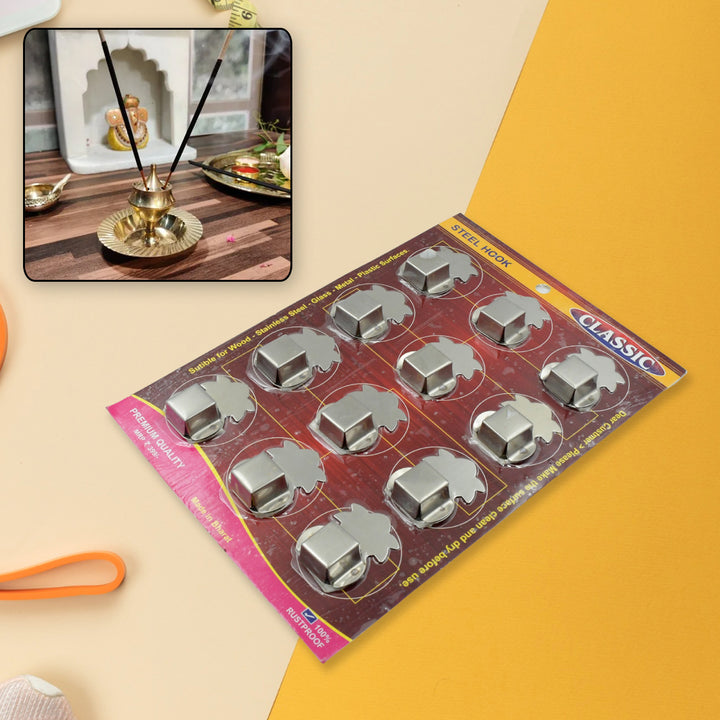 9415 Stainless Steel Agarbatti Stand Agarbatti Holder Stand Self Adhesive Wall Mounted Stand Wall Hook Capacity To Hold 3 Agarbatti - Pack Of 12 Hooks - Trendex