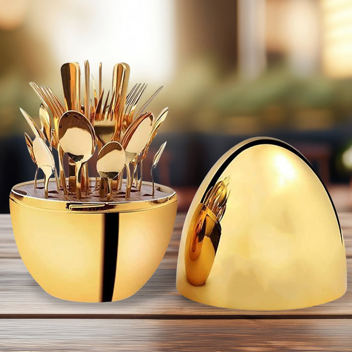 10010 Premium Cutlery Set 24 Pcs With Oval Shaped Stand  Beautiful Stylish Oval Designed Cutlery Sets Egg-shaped Luxury Spoon Holder Set (Golden  24 Pcs Set) - Trendex