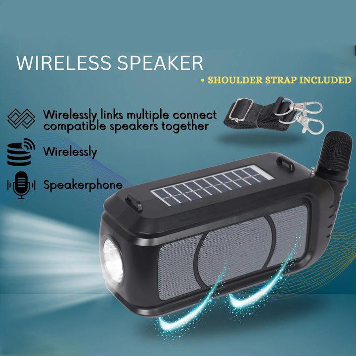 Wireless Bluetooth Speaker 5w High Bass With Wireless Mic  Microphone Led Torch Solar Charging Support Usb  Adjustable Strap (1 Set) - Trendex