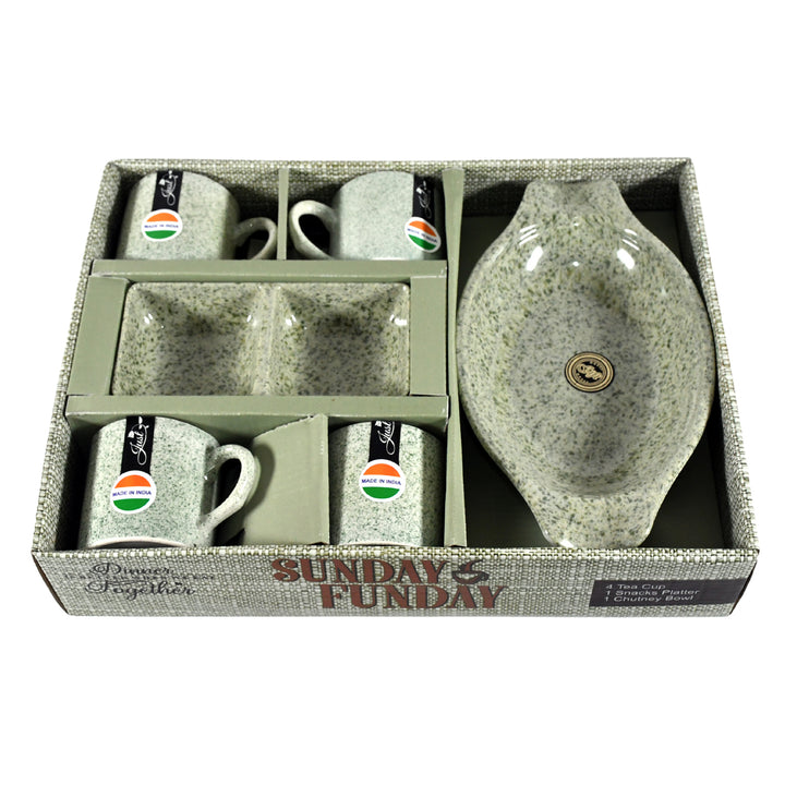 8240 Sunday Funday Ceramic Tea  Cups  Mug With Plastic Snacks Platter And 2 Compartment Chutney Bowl Milk Cup Coffee Cup Breakfast Cup Drinking Mug Or Outdoor For Household Gift For Birthday Wedding Party (6 Pcs Set) - Trendex