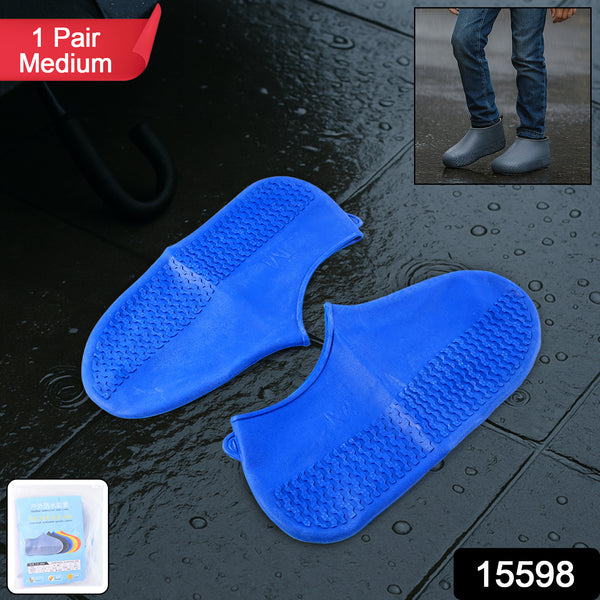 Blue Non-slip Silicone Rain Reusable Anti Skid Waterproof Fordable Boot Shoe Cover (1 Pair) - Trendex