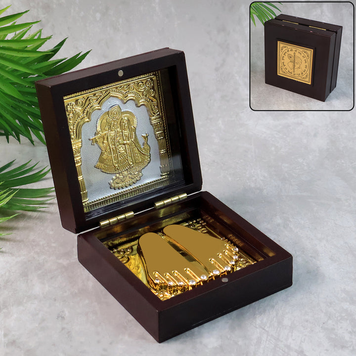 Golden Charan Paduka In Wooden Box  Spiritual Gift  Pooja Accessory - Trendex