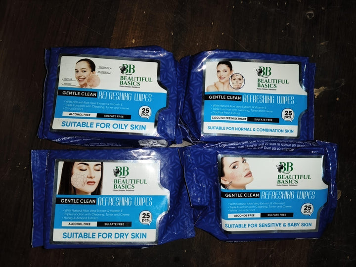 Beautiful Basics Dry Oily Sensitive  Normal Skin Face Wipes (4 Pkts X 100 Pcs Wipes) - Trendex