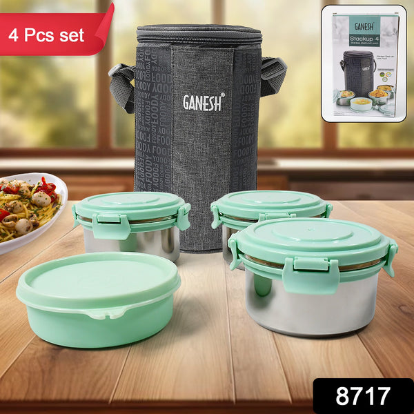 8717 4in1tiffin Box-lunch Box  3 Stainless Steel Containers 300 Ml Approx  Plastic Salad Container 200 Ml Approx Plastic Lid Box  Round Zip Bag  Leak Proof  Microwave Safefor Office College And School For Men Women - Trendex