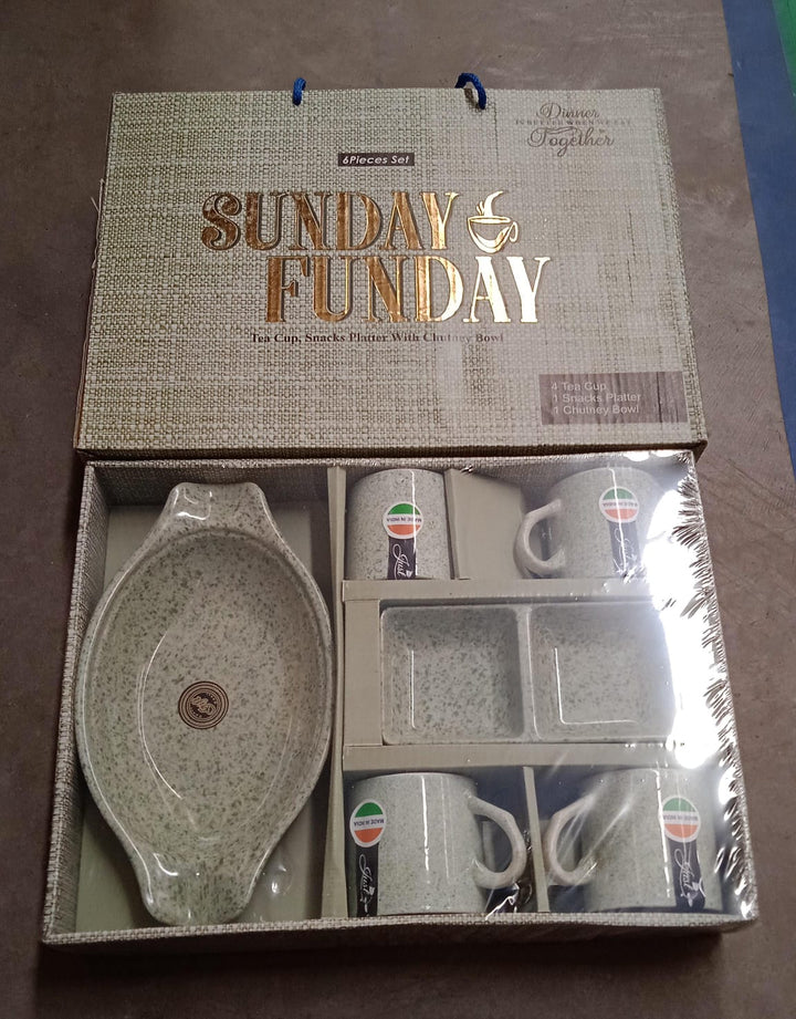 8240 Sunday Funday Ceramic Tea  Cups  Mug With Plastic Snacks Platter And 2 Compartment Chutney Bowl Milk Cup Coffee Cup Breakfast Cup Drinking Mug Or Outdoor For Household Gift For Birthday Wedding Party (6 Pcs Set) - Trendex
