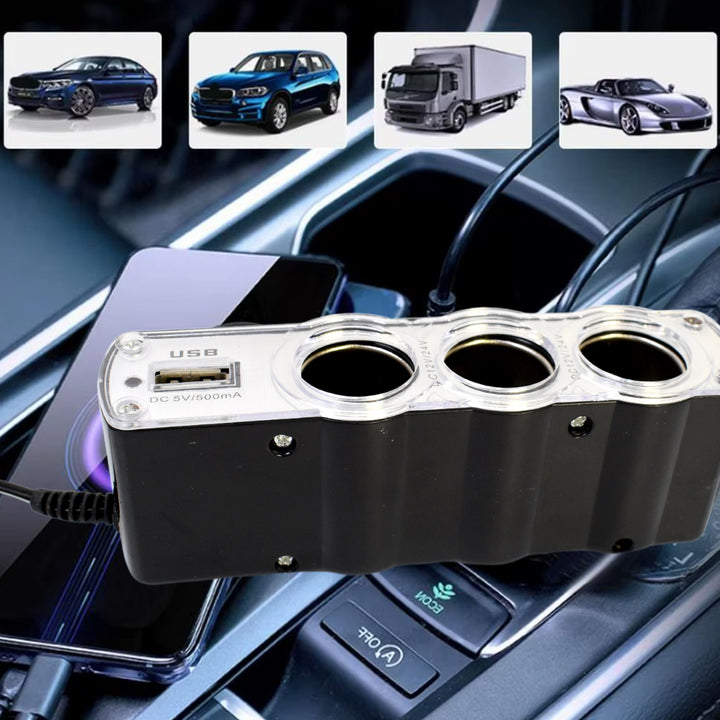 Triple 3 Way Car 12v Lighter Socket Splitter Usb Charger Power Adapter - Trendex