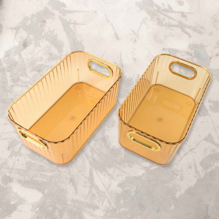 Premium Ribbed Transparent Storage Basket With Gold Handle  Multipurpose Kitchen Amp Home Organizer Box (25x14cm  2 Pc)