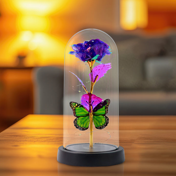 Led Preserved Rose With Colorful Butterfly In Plastic Dome (1 Pc  Mix Color) - Trendex