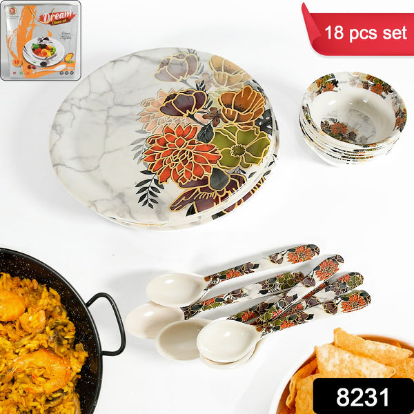 8231 Dream High Quality Plastic Dinning Dinner Set With Unique Flower Design Printed 6 Pc Plates 6 Pc Bowls And 6 Pc Serving Spoon Lightweight Round Plates And Bowls Microwave And Dishwasher Safe (18 Pcs Set) - Trendex