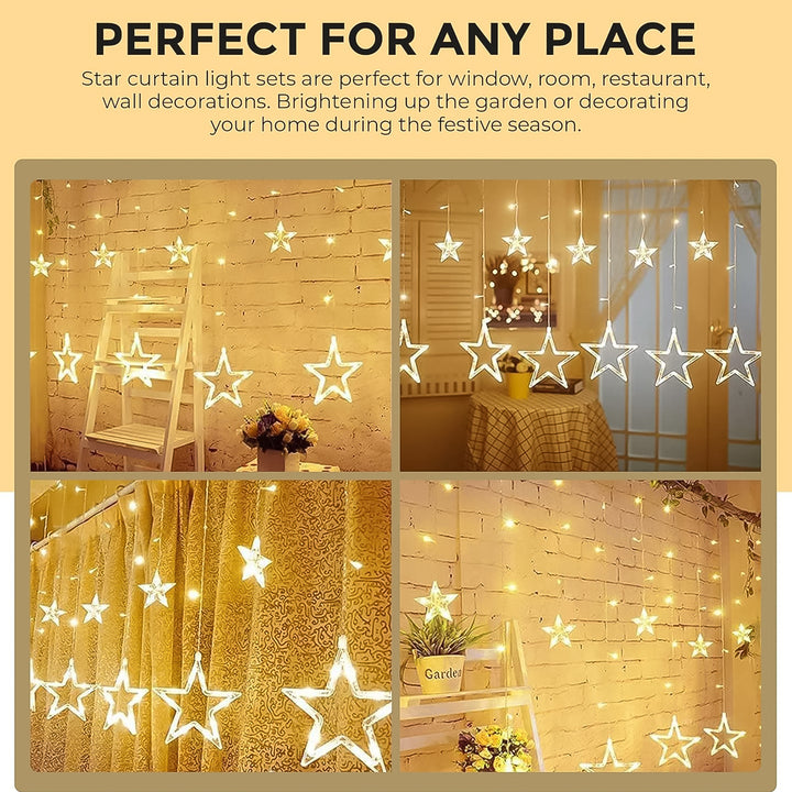 3385 12 Stars Led Curtain String Lights With 8 Flashing Modes For Home Decoration Diwali  Wedding Led Christmas Light Indoor And Outdoor Light Festival Decoration  (Warm White) - Trendex