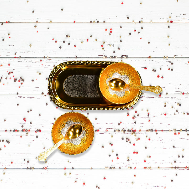 2947 Gold Silver Plated 2 Bowl 2 Spoon Tray Set Brass With Red Velvet Gift Box Serving Dry Fruits Desserts Gift - Trendex