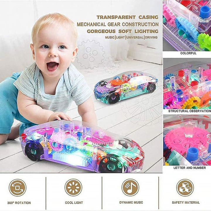 17793 Automatic 360 Degree Rotating Transparent Gear Concept Car With Musical And 3d Flashing Lights Toy For Kids Boys  Girls (Multicolor  Battery Not Included) - Trendex
