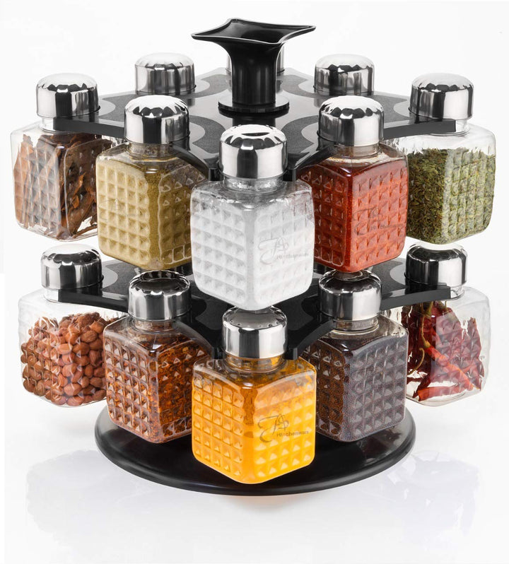 5503 All New Square 16 Bottle Design 360 Degree Revolving Spice Rack Container Condiment Pieces Set Square Small Container - Trendex