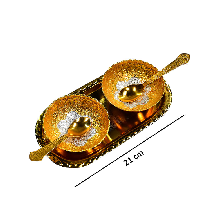 2947 Gold Silver Plated 2 Bowl 2 Spoon Tray Set Brass With Red Velvet Gift Box Serving Dry Fruits Desserts Gift - Trendex