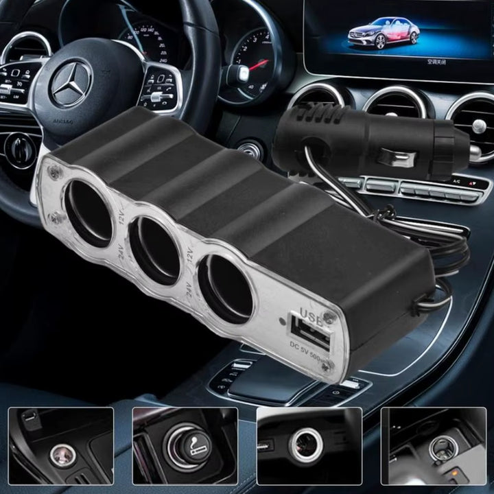 Triple 3 Way Car 12v Lighter Socket Splitter Usb Charger Power Adapter - Trendex