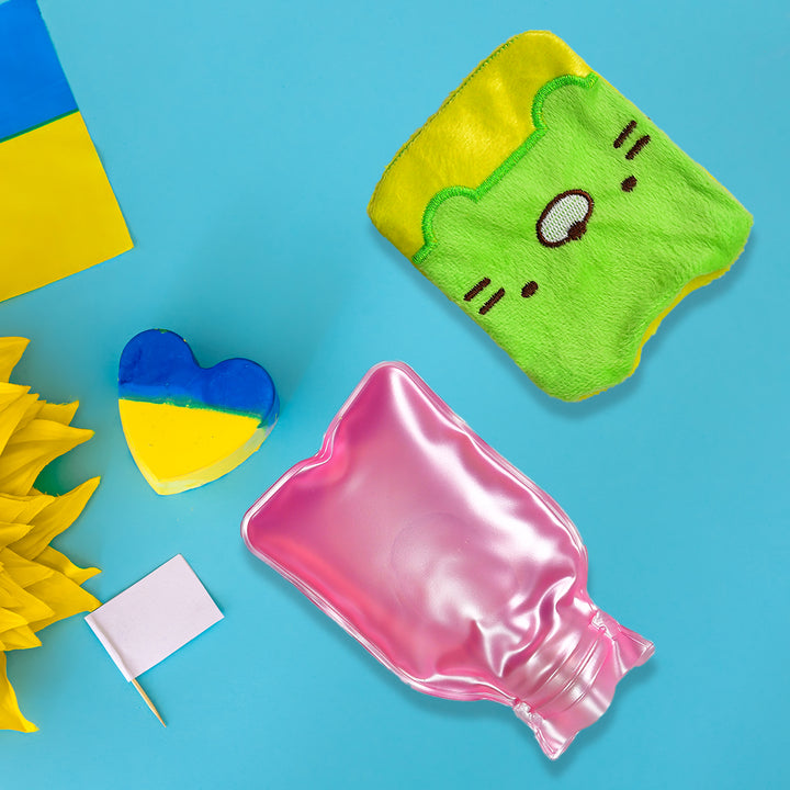 6514 Green Kitty Small Hot Water Bag With Cover For Pain Relief Neck Shoulder Pain And Hand Feet Warmer Menstrual Cramps. - Trendex