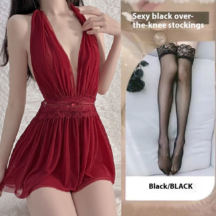 French Mesh Backless Halter Sexy And Breathable Nightdress For Women - Trendex