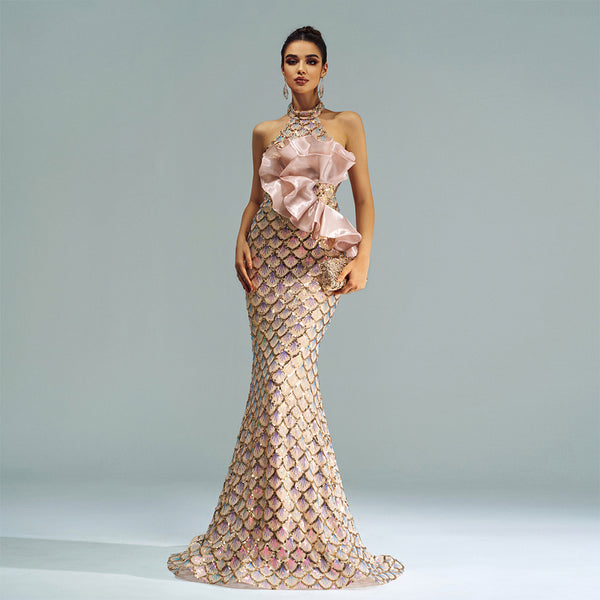 Halter Sequined Mermaid Evening Dress - Trendex