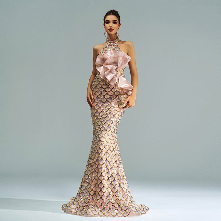 Halter Sequined Mermaid Evening Dress - Trendex