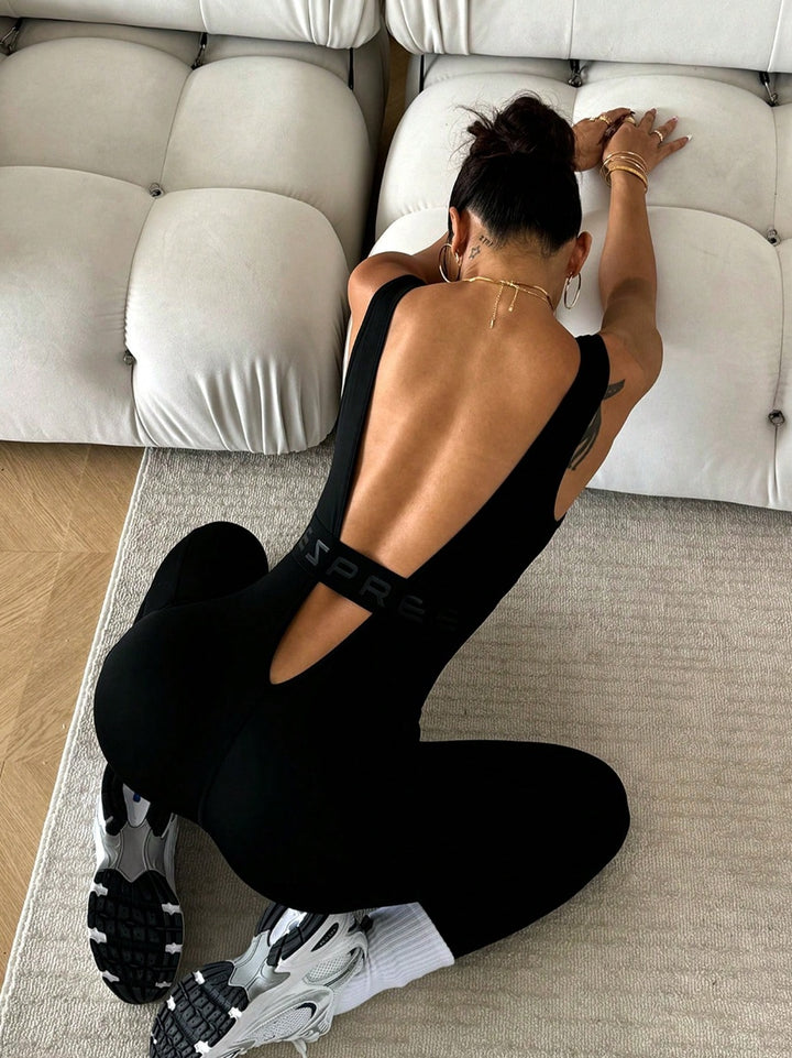 Shoulder Strap Bare Back Letter One-piece Ankle Banded Pants - Trendex