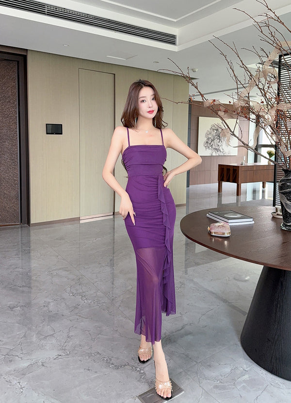 Sexy Long Mesh Hip Spaghetti Straps Design Sense Dress - Trendex