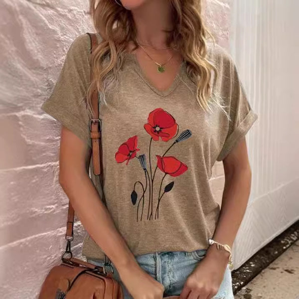 Short Sleeve Plus Size Women's Clothing Printed V-neck Pullover - Trendex