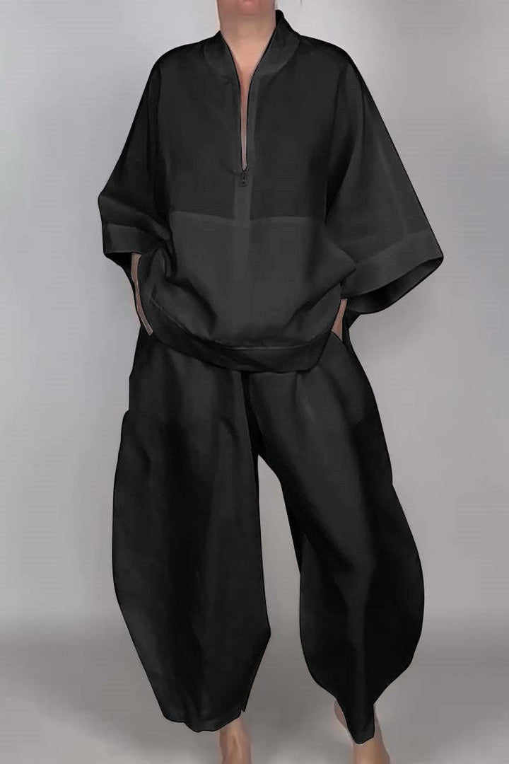 Loose Casual Pocket Half Zipper Top Bud-shaped Pants Suit - Trendex