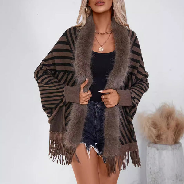 European And American Fall Winter Fashion Striped Tassel Knitted Shawl Cape - Trendex